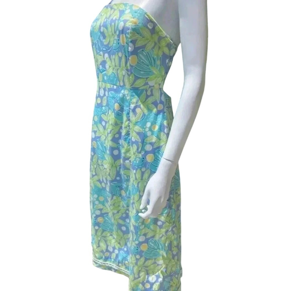 Lilly Pulitzer Vtg. Strapless Blue Crabby Back Tie Structured Bodice Dress Sz. 8